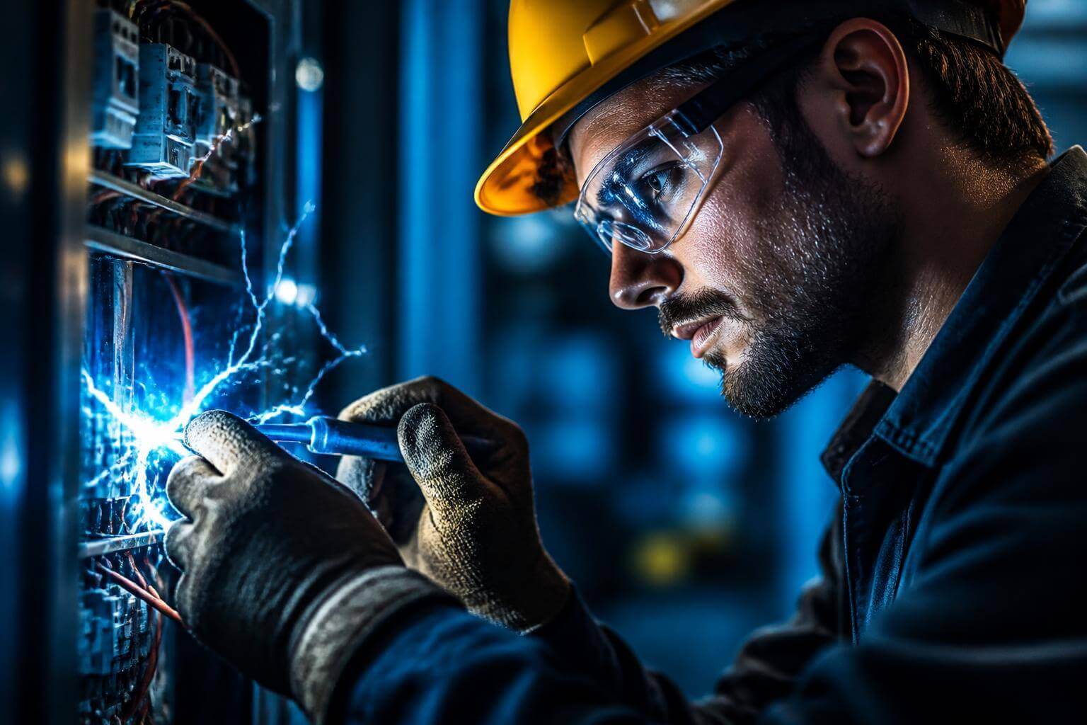 Eletricista profissional trabalhando em quadro elétrico