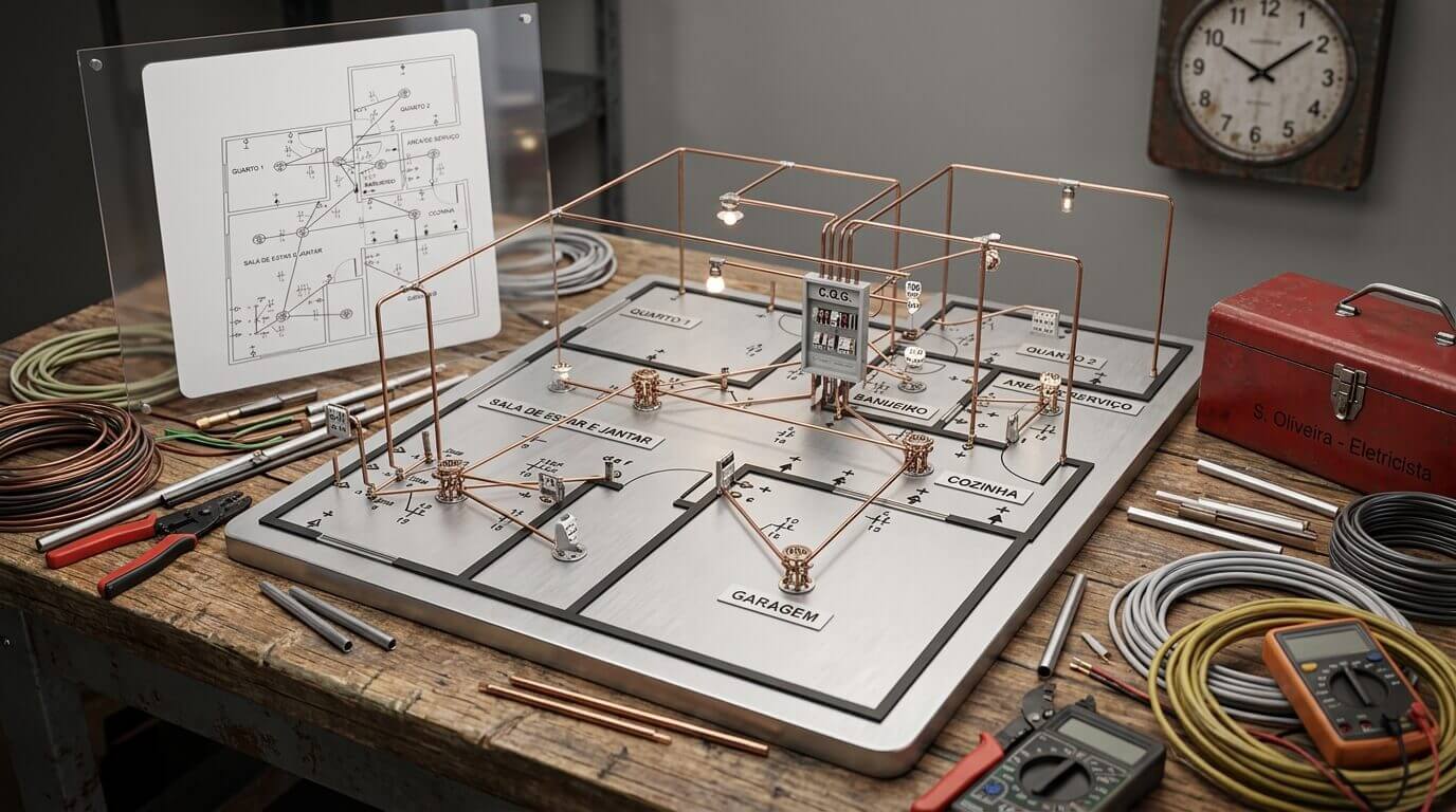 Bancada com maquete elétrica residencial, ferramentas e instrumentos de medição