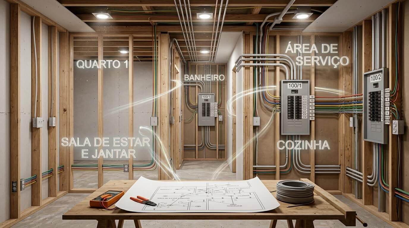 Profissional avaliando um projeto elétrico com sobreposição de circuitos digitais