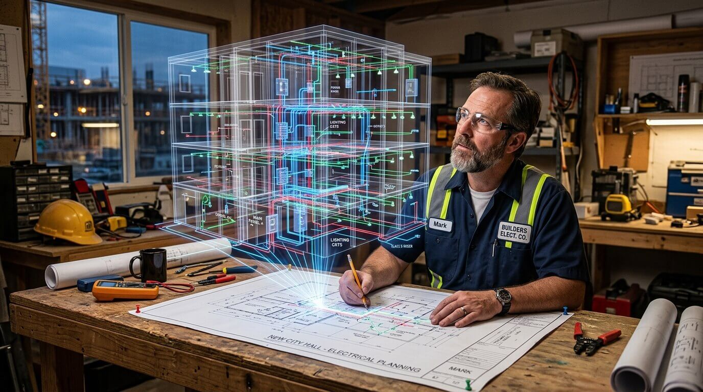 Engenheiro analisando uma planta elétrica com modelo digital em holograma