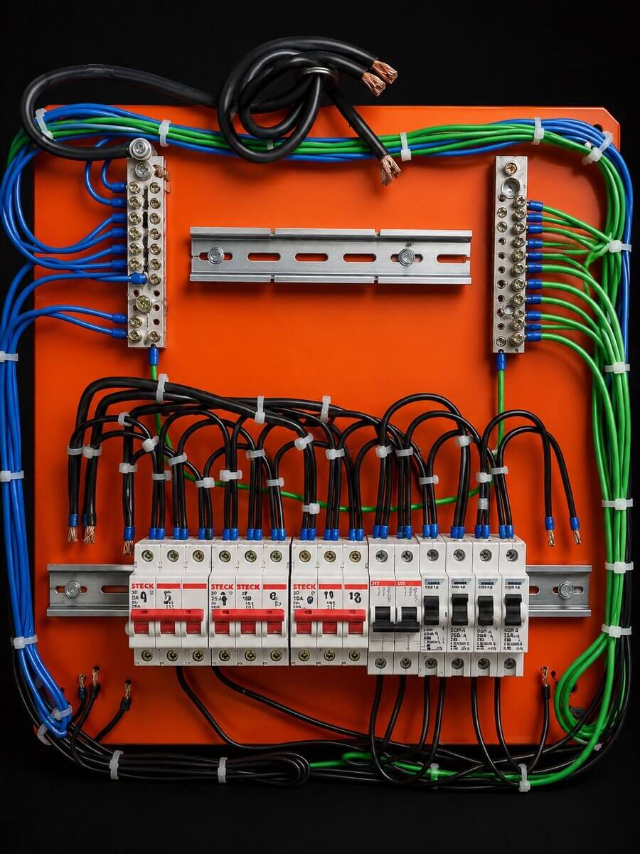 Painel de distribuição elétrica com cabos, barramentos e disjuntores montados