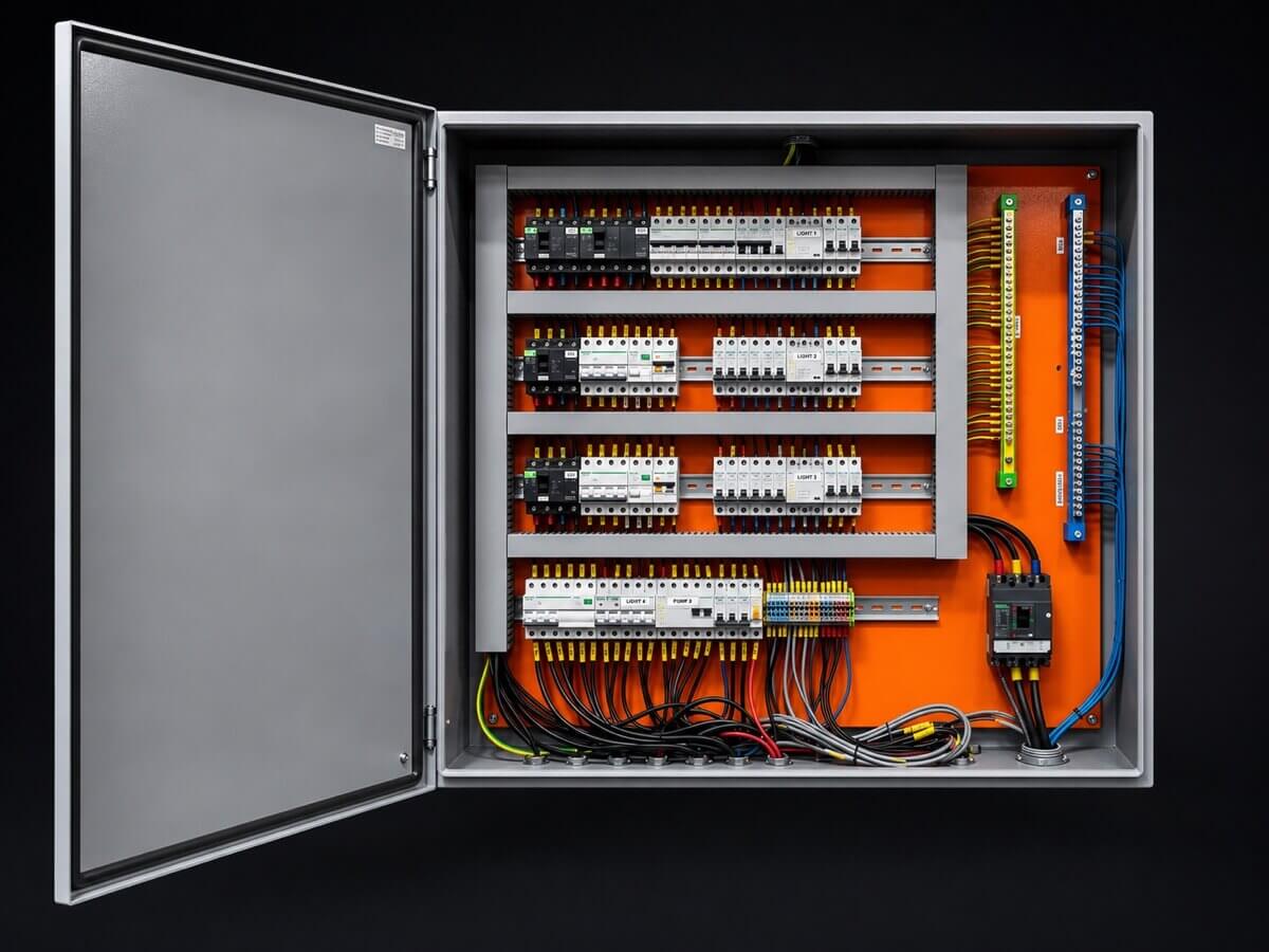 Quadro elétrico residencial com disjuntores, barramentos e fiação organizada