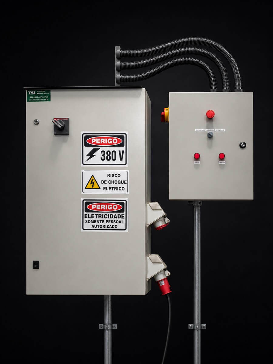 Painel elétrico de comando com sinalização de segurança e proteção elétrica